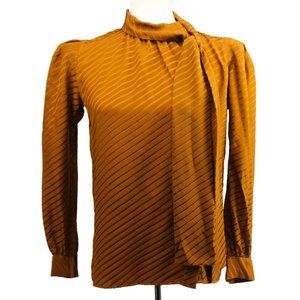 VTG Saint Laurent Rive Gauche Orange Stripe Silk Bow Tie Scarf Collar Blouse 38